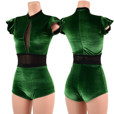 Green Velvet Inset Keyhole & Mesh Romper with Boy Cut Leg - Coquetry Clothing