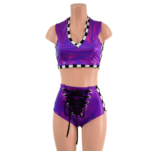 Grid Girl Grape and Checkered Crop and Laceup Shorts Set - Coquetry Clothing