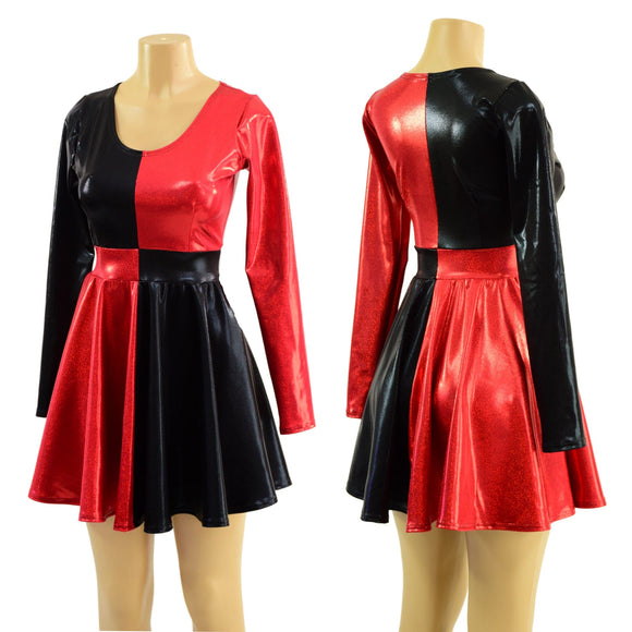 Harlequin Red and Black Long Sleeve Skater Dress - Coquetry Clothing