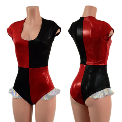 Harlequin Red and Black Romper with Hip Ruffles - Coquetry Clothing