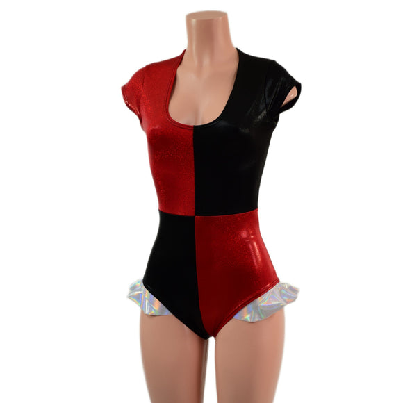 Harlequin Red and Black Romper with Hip Ruffles - Coquetry Clothing