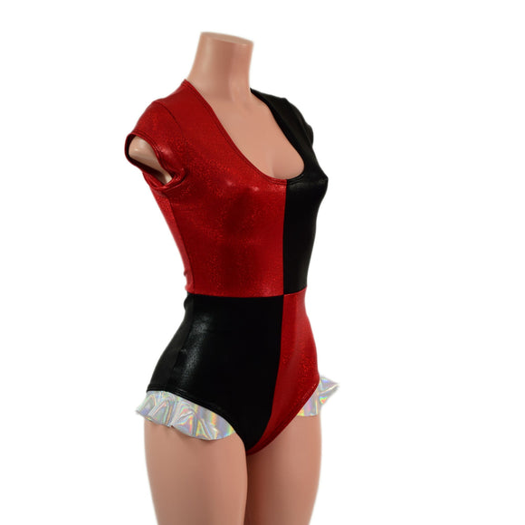 Harlequin Red and Black Romper with Hip Ruffles - Coquetry Clothing
