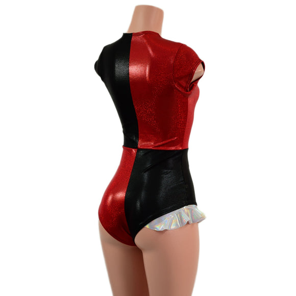 Harlequin Red and Black Romper with Hip Ruffles - Coquetry Clothing