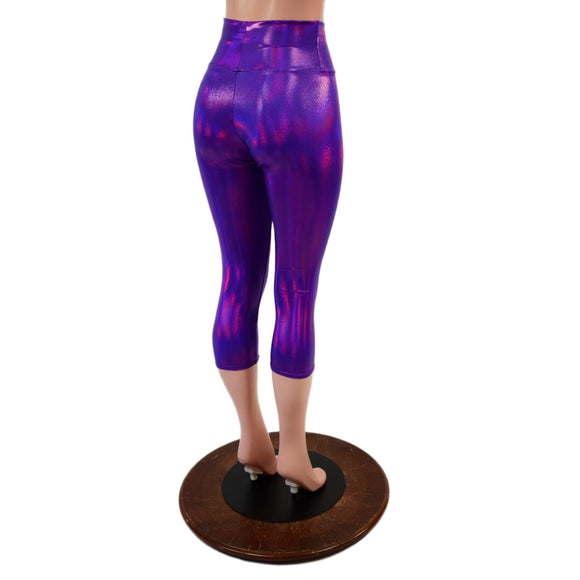High Waist Capri Leggings in Grape Holographic - Coquetry Clothing