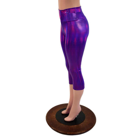 High Waist Capri Leggings in Grape Holographic - Coquetry Clothing