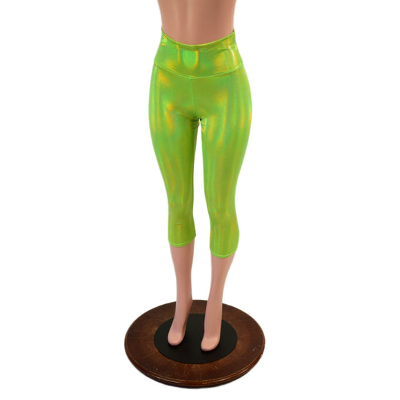 High Waist Capri Leggings in Lime Holographic - Coquetry Clothing