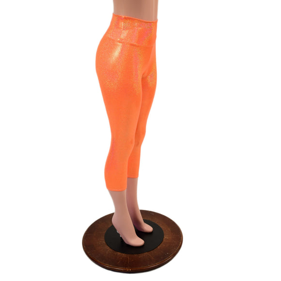 High Waist Capri Leggings in Neon Orange Sparkly Jewel - Coquetry Clothing