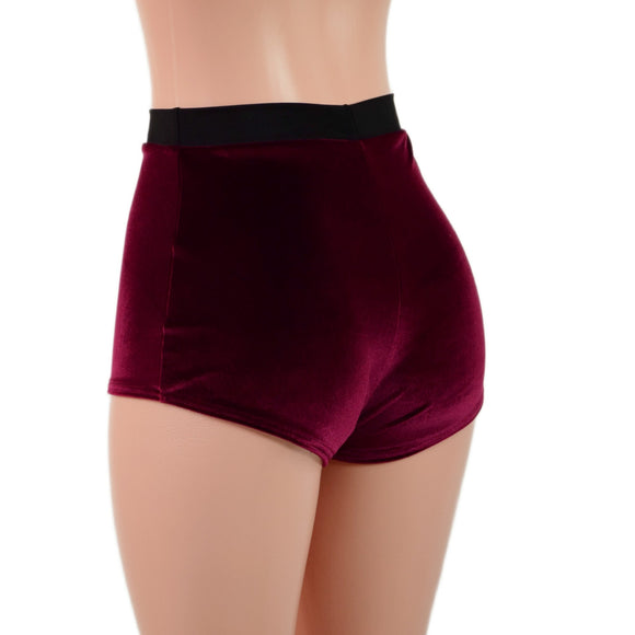 High Waist Pinup Shorts with Boy Cut Leg in Burgundy Velvet - Coquetry Clothing
