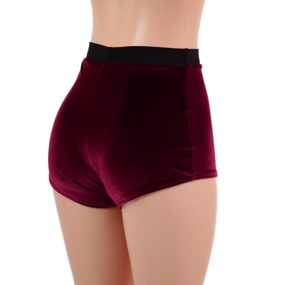 High Waist Pinup Shorts with Boy Cut Leg in Burgundy Velvet - Coquetry Clothing