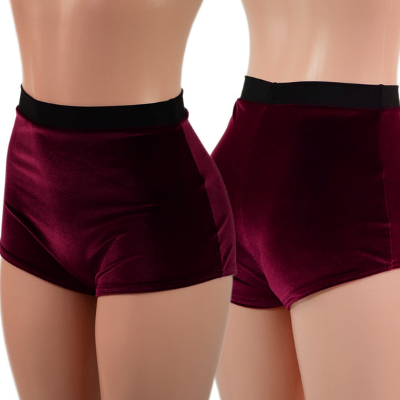 High Waist Pinup Shorts with Boy Cut Leg in Burgundy Velvet - Coquetry Clothing