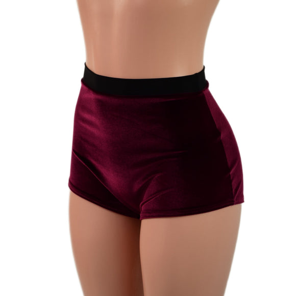 High Waist Pinup Shorts with Boy Cut Leg in Burgundy Velvet - Coquetry Clothing