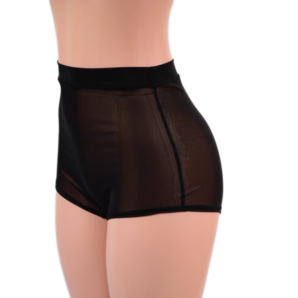 High Waist Pinup Shorts with Boy Cut Leg in Sheer Black Mesh - Coquetry Clothing