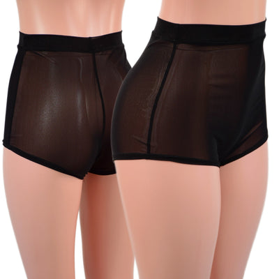 High Waist Pinup Shorts with Boy Cut Leg in Sheer Black Mesh - Coquetry Clothing