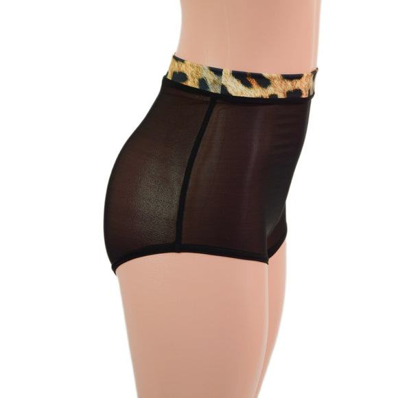 High Waist Pinup Shorts with Boy Cut Leg in Sheer Black Mesh - Coquetry Clothing