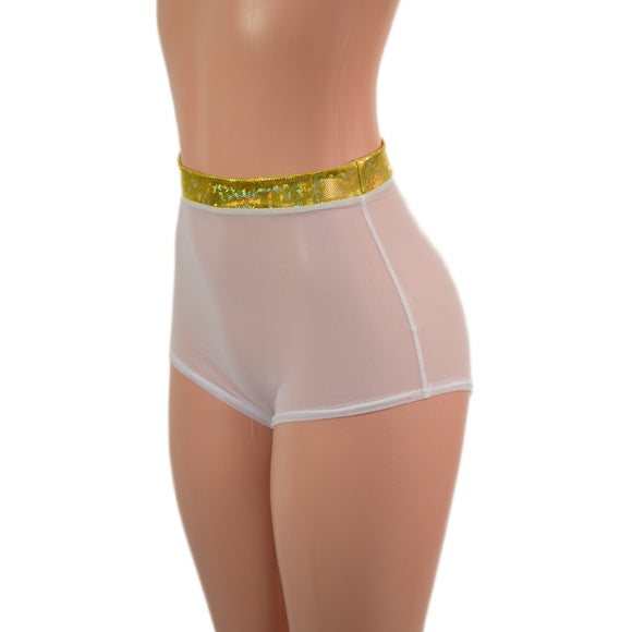 High Waist Pinup Shorts with Boy Cut Leg in Sheer White Mesh - Coquetry Clothing