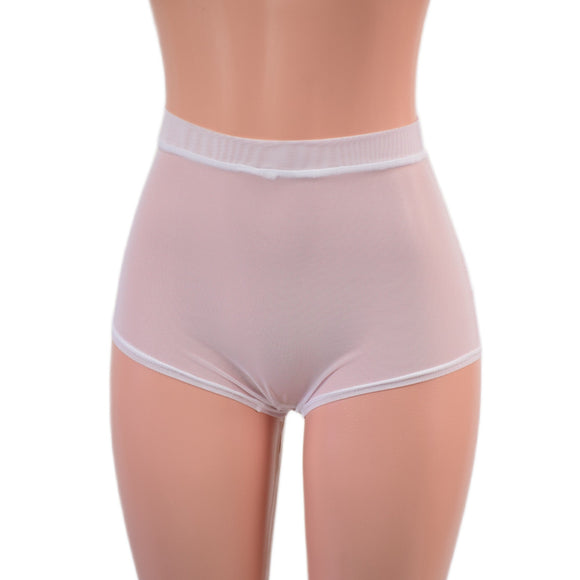 High Waist Pinup Shorts with Boy Cut Leg in Sheer White Mesh - Coquetry Clothing