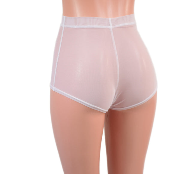 High Waist Pinup Shorts with Boy Cut Leg in Sheer White Mesh - Coquetry Clothing