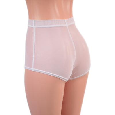 High Waist Pinup Shorts with Boy Cut Leg in Sheer White Mesh - Coquetry Clothing