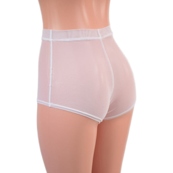 High Waist Pinup Shorts with Boy Cut Leg in Sheer White Mesh - Coquetry Clothing