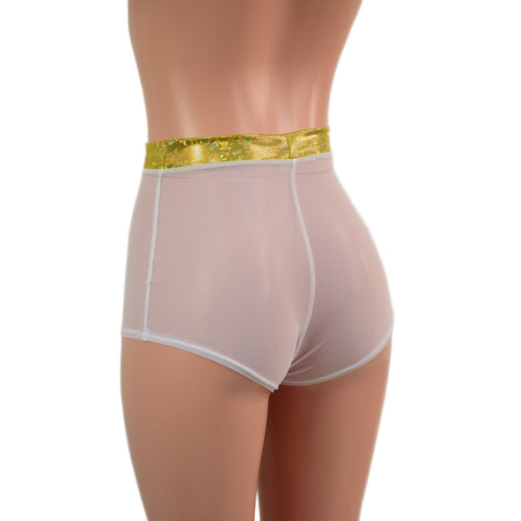 High Waist Pinup Shorts with Boy Cut Leg in Sheer White Mesh - Coquetry Clothing
