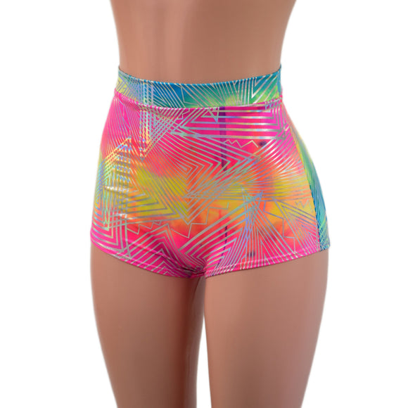 High Waist Pinup Shorts with Boy Cut Leg in Spectrum Holographic - Coquetry Clothing
