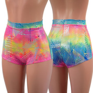High Waist Pinup Shorts with Boy Cut Leg in Spectrum Holographic - Coquetry Clothing