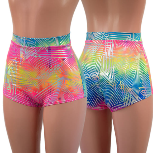 High Waist Pinup Shorts with Boy Cut Leg in Spectrum Holographic - Coquetry Clothing