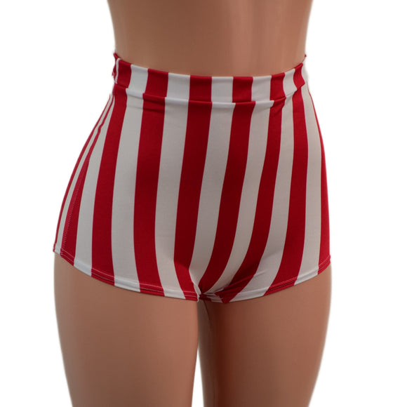 High Waist Pinup Shorts with Boy Cut Leg in Vertical Red and White Stripe - Coquetry Clothing