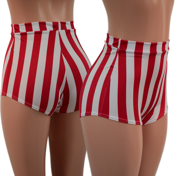 High Waist Pinup Shorts with Boy Cut Leg in Vertical Red and White Stripe - Coquetry Clothing