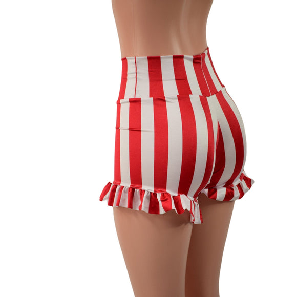 High Waist Shorts with Ruffled Leg in Red and White Stripe - Coquetry Clothing