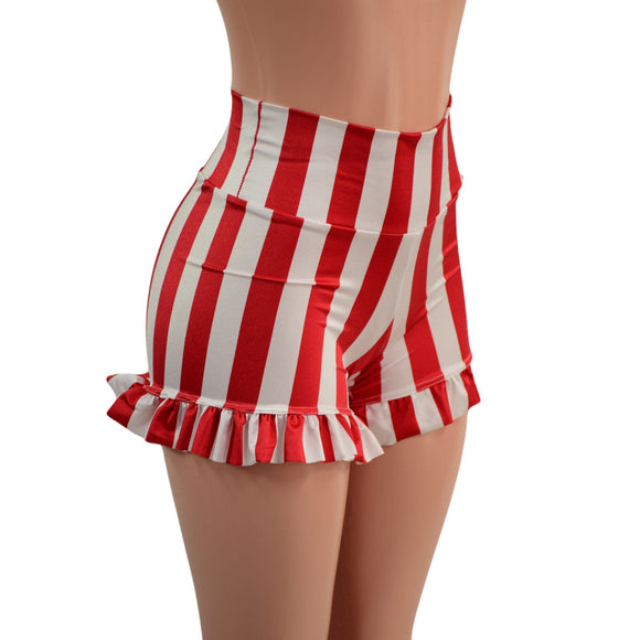 High Waist Shorts with Ruffled Leg in Red and White Stripe - Coquetry Clothing