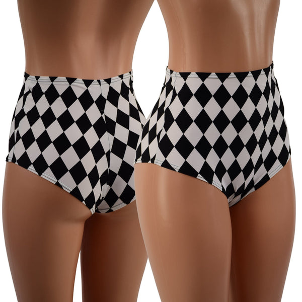 High Waist Siren Shorts in Black and White Diamond Print - 1