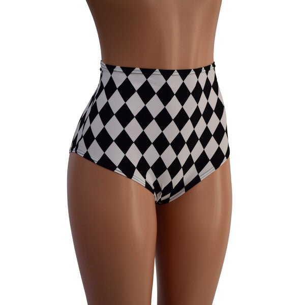 High Waist Siren Shorts in Black and White Diamond Print - 2