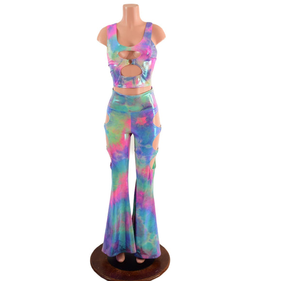 High Waist Solar Flares with Triple Cutouts and O - rings and Matching O - ring crop Tank Set - Coquetry Clothing