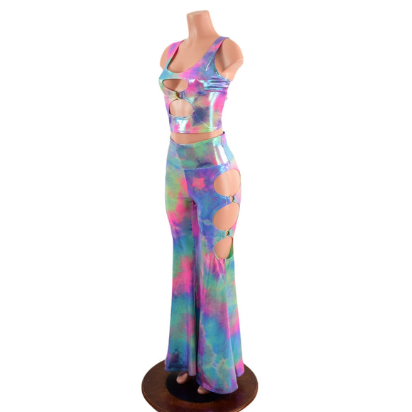 High Waist Solar Flares with Triple Cutouts and O - rings and Matching O - ring crop Tank Set - Coquetry Clothing