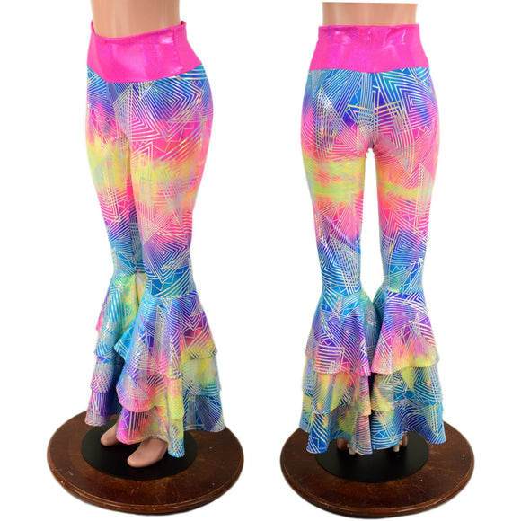 High Waist Triple Layer Bell Bottom Flares in Spectrum Holographic - Coquetry Clothing