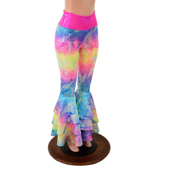 High Waist Triple Layer Bell Bottom Flares in Spectrum Holographic - Coquetry Clothing