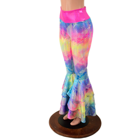 High Waist Triple Layer Bell Bottom Flares in Spectrum Holographic - Coquetry Clothing