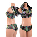 Hooded, Zipper Front Mini Crop with Racerback, and Lowrise Siren Shorts Set - Coquetry Clothing