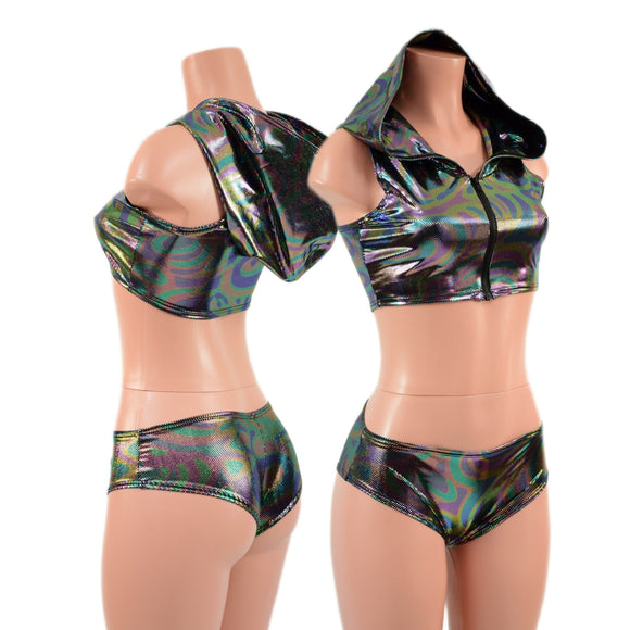 Hooded, Zipper Front Mini Crop with Racerback, and Lowrise Siren Shorts Set - Coquetry Clothing