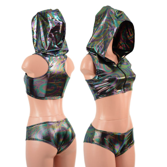 Hooded, Zipper Front Mini Crop with Racerback, and Lowrise Siren Shorts Set - Coquetry Clothing