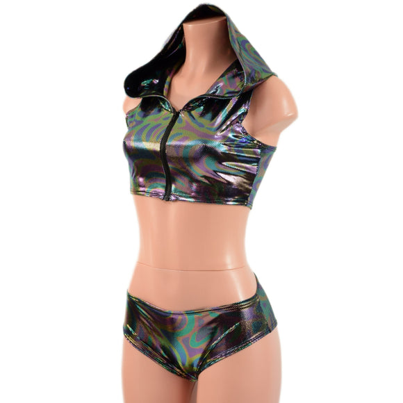 Hooded, Zipper Front Mini Crop with Racerback, and Lowrise Siren Shorts Set - Coquetry Clothing