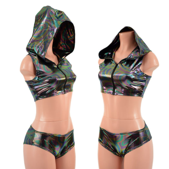 Hooded, Zipper Front Mini Crop with Racerback, and Lowrise Siren Shorts Set - Coquetry Clothing
