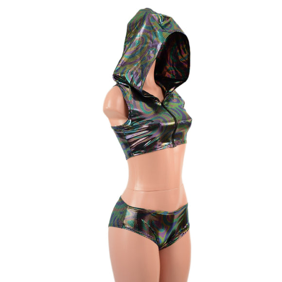 Hooded, Zipper Front Mini Crop with Racerback, and Lowrise Siren Shorts Set - Coquetry Clothing