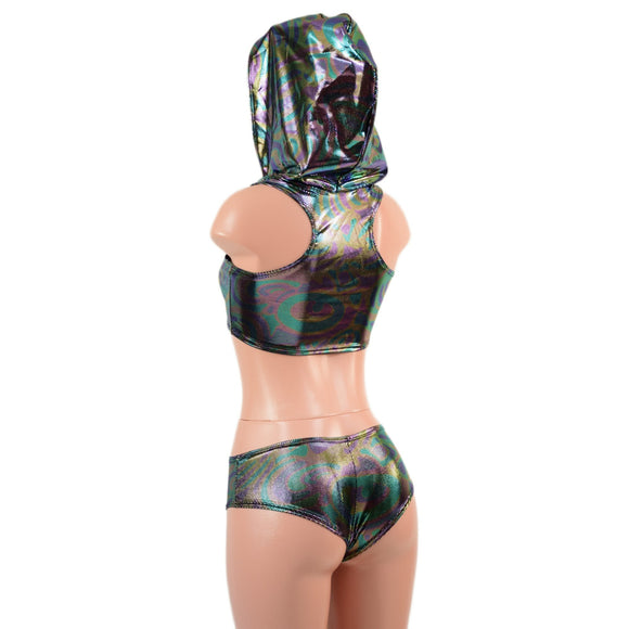 Hooded, Zipper Front Mini Crop with Racerback, and Lowrise Siren Shorts Set - Coquetry Clothing