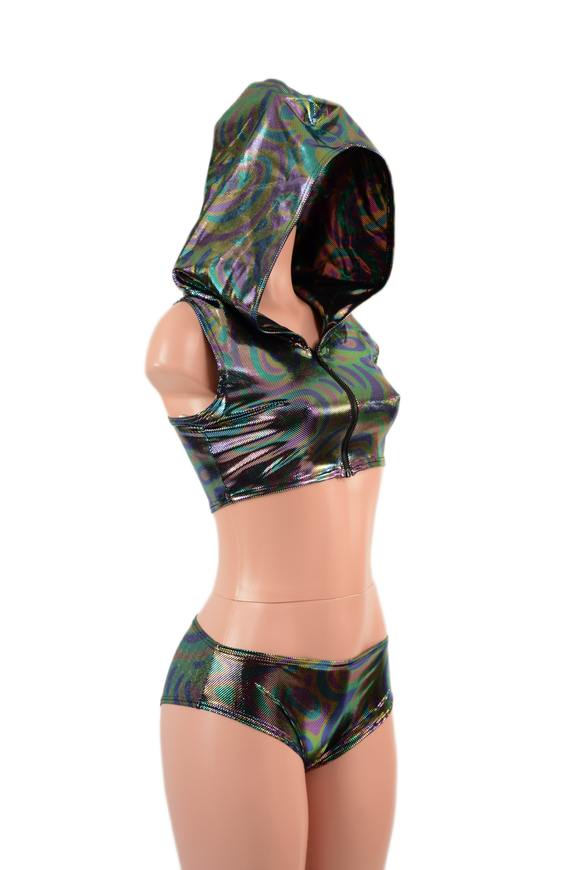 Hooded, Zipper Front Mini Crop with Racerback, and Lowrise Siren Shorts Set - Coquetry Clothing