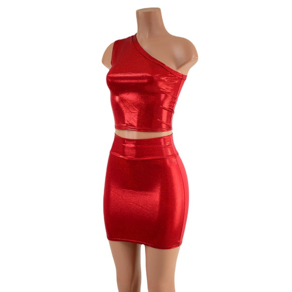 Red Sparkly One Shoulder Crop Top & Bodycon Skirt Set - Coquetry Clothing