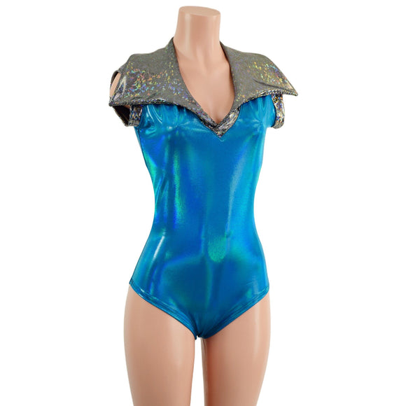Peacock Holographic Siren Cut Romper, Disco Collar, and Discoball Applique - Coquetry Clothing