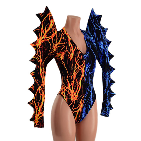 Color Split Lightning Mega Sharp Shoulder Romper with Spikes Coquetry Clothing 