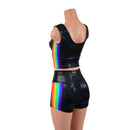 Black Holographic Crop Tank and High Waist Shorts Set with Retro Rainbow Side Panels-4